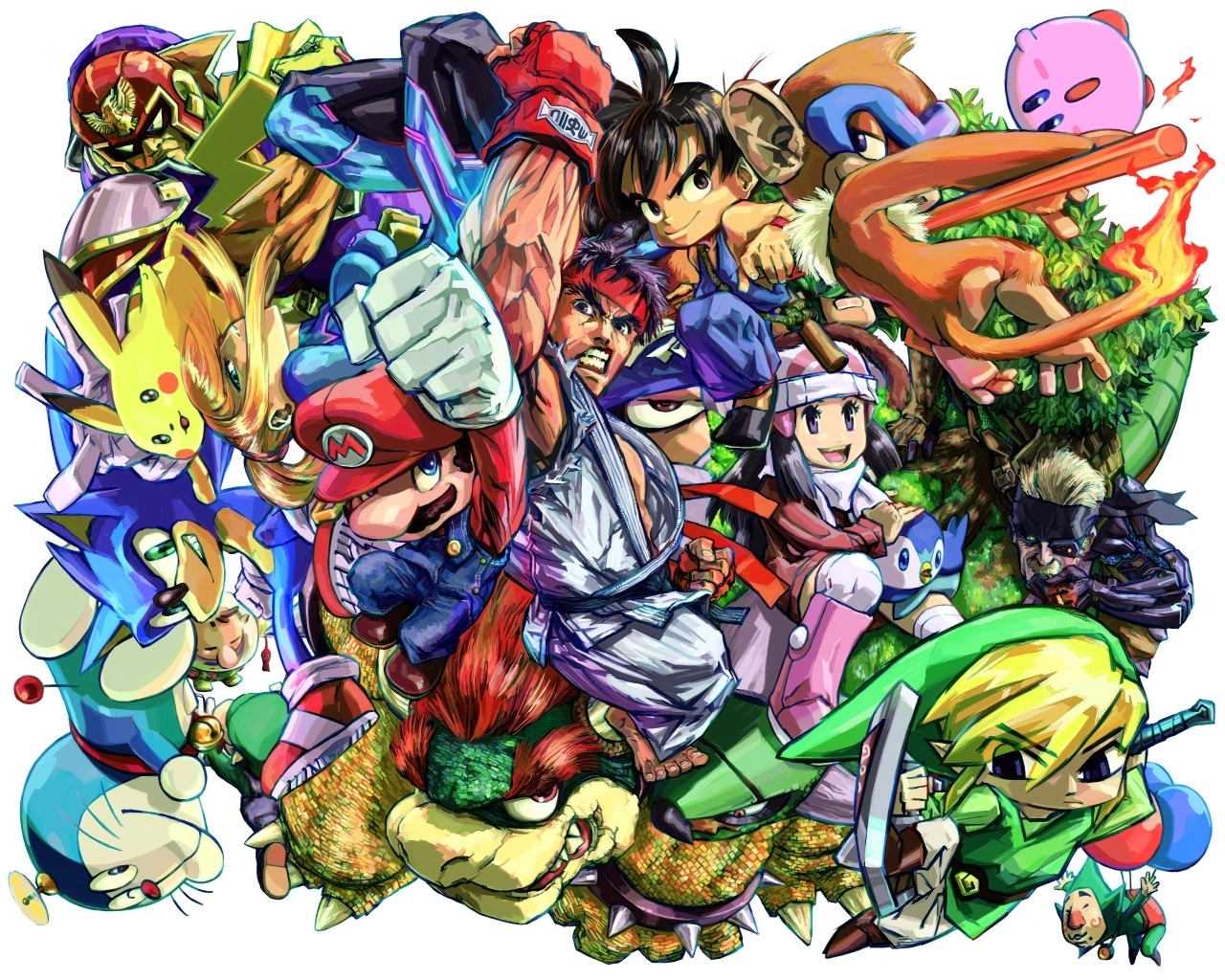 Um papel de parede de um grupo de personagens do jogo pokemon.